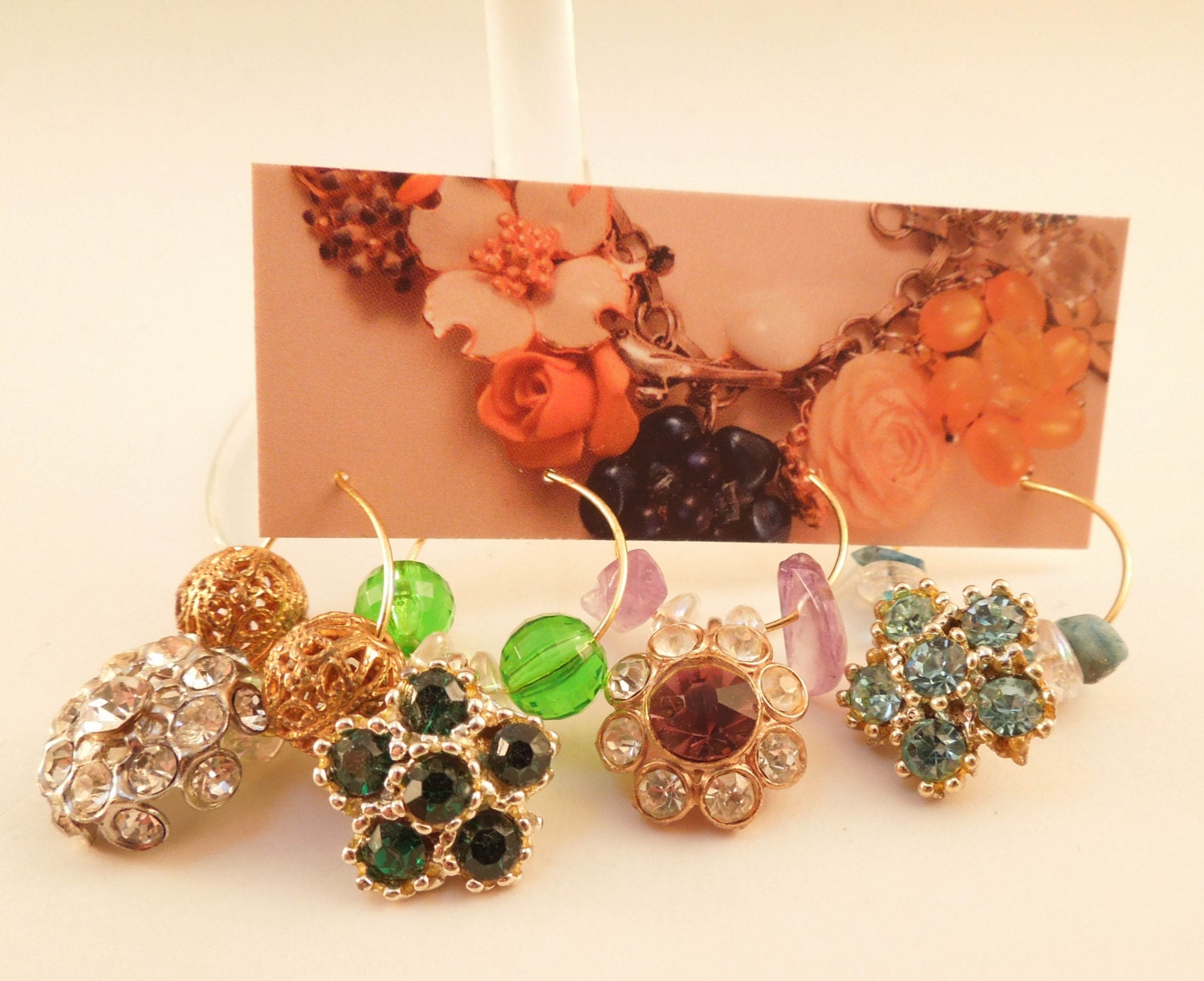 Wine Stones Repurposed Vintage Jewelry Wine Glass Charms Set of 4
