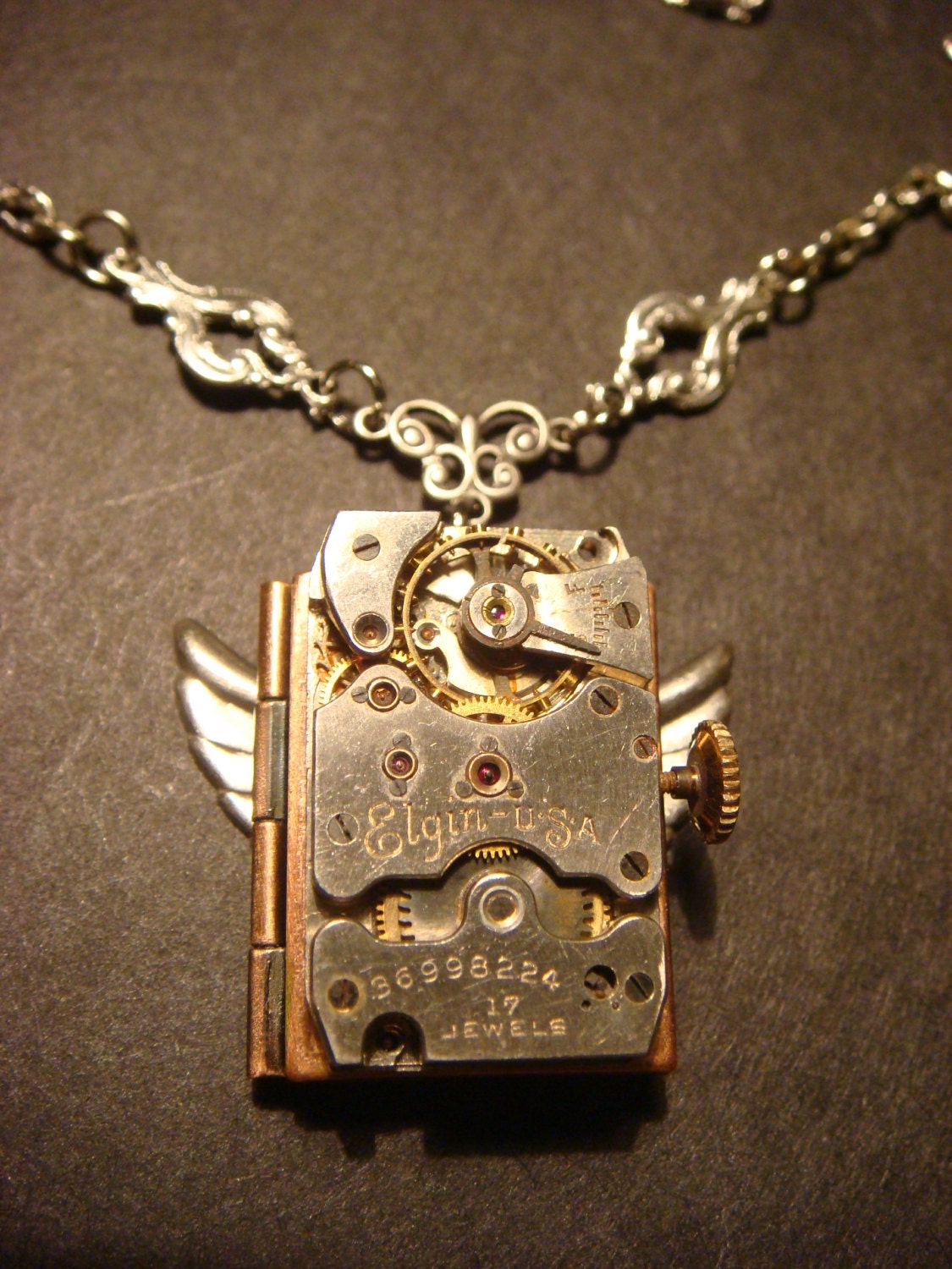 Steampunk Neo Victorian  Vintage ELGIN Watch Movement LOCKET Necklace with Wings (903)