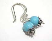 Turquoise Drop Earrings Aqua Blue Shell Pearl Beads Spring Summer Pastel Sterling Silver Jewelry