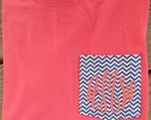 Monogrammed Personalized FABRIC Pocket T Shirt Tshirt Tee Initials Coral Hot Pink Navy Lime Green Long or Short Sleeve - Chevron Fabric