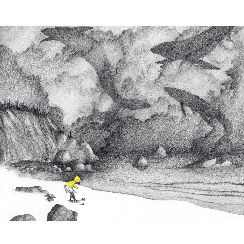 8x10 Giclee Illustrated Print of Girl with Whales, "February"