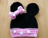 Mouse Hat, crochet photo prop, baby girl photo prop, pink and black, white buttons, Newborn to 12 Months