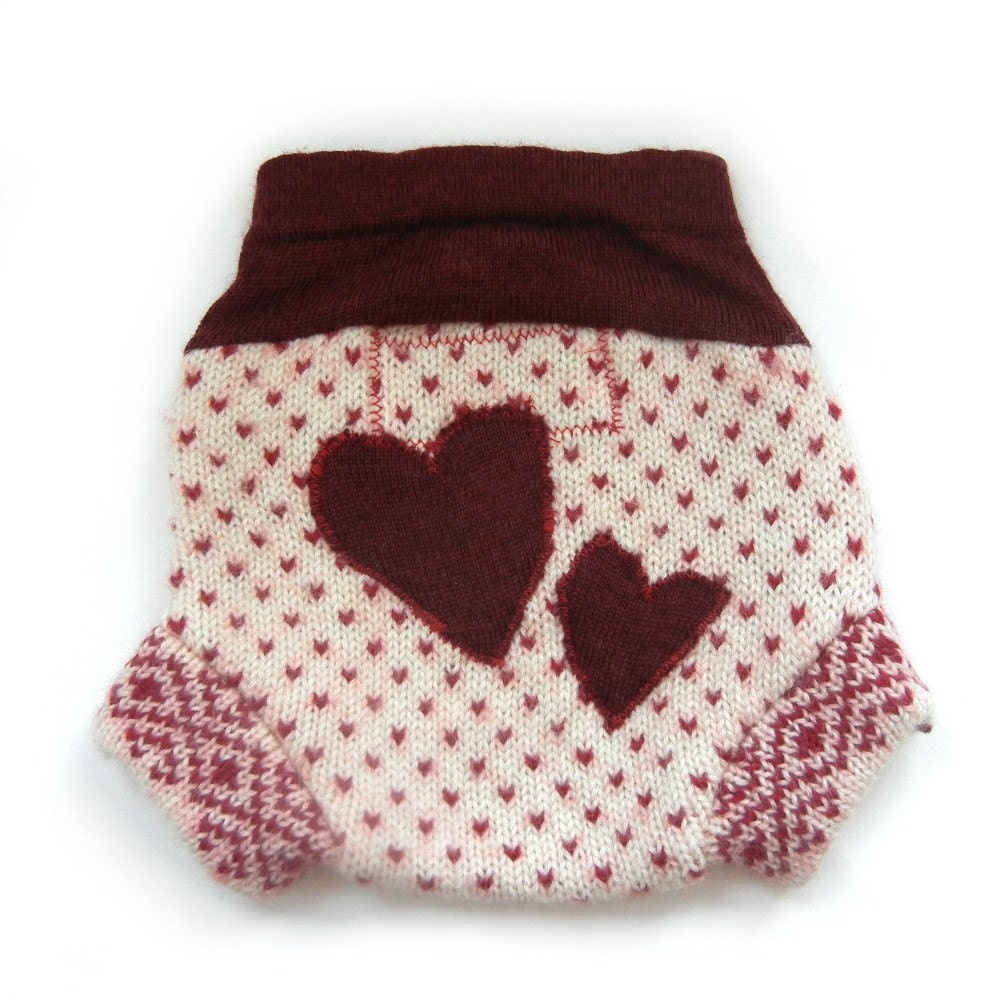 NEWBORN Heart Wool Diaper Cover, Upcylced Soaker, Dark Red Cream Hearts, Fair Isle Cuffs, Repurposed, Recycled, Girl, Heart Applique,