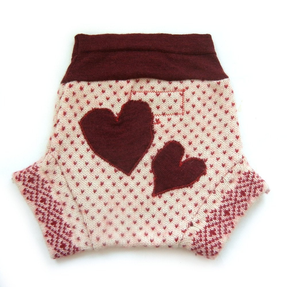 MEDIUM Heart Wool Diaper Cover, Upcycled Soaker, Dark Red Cream Hearts, Fair Isle, Repurposed, Recycled, Girl, Heart Applique