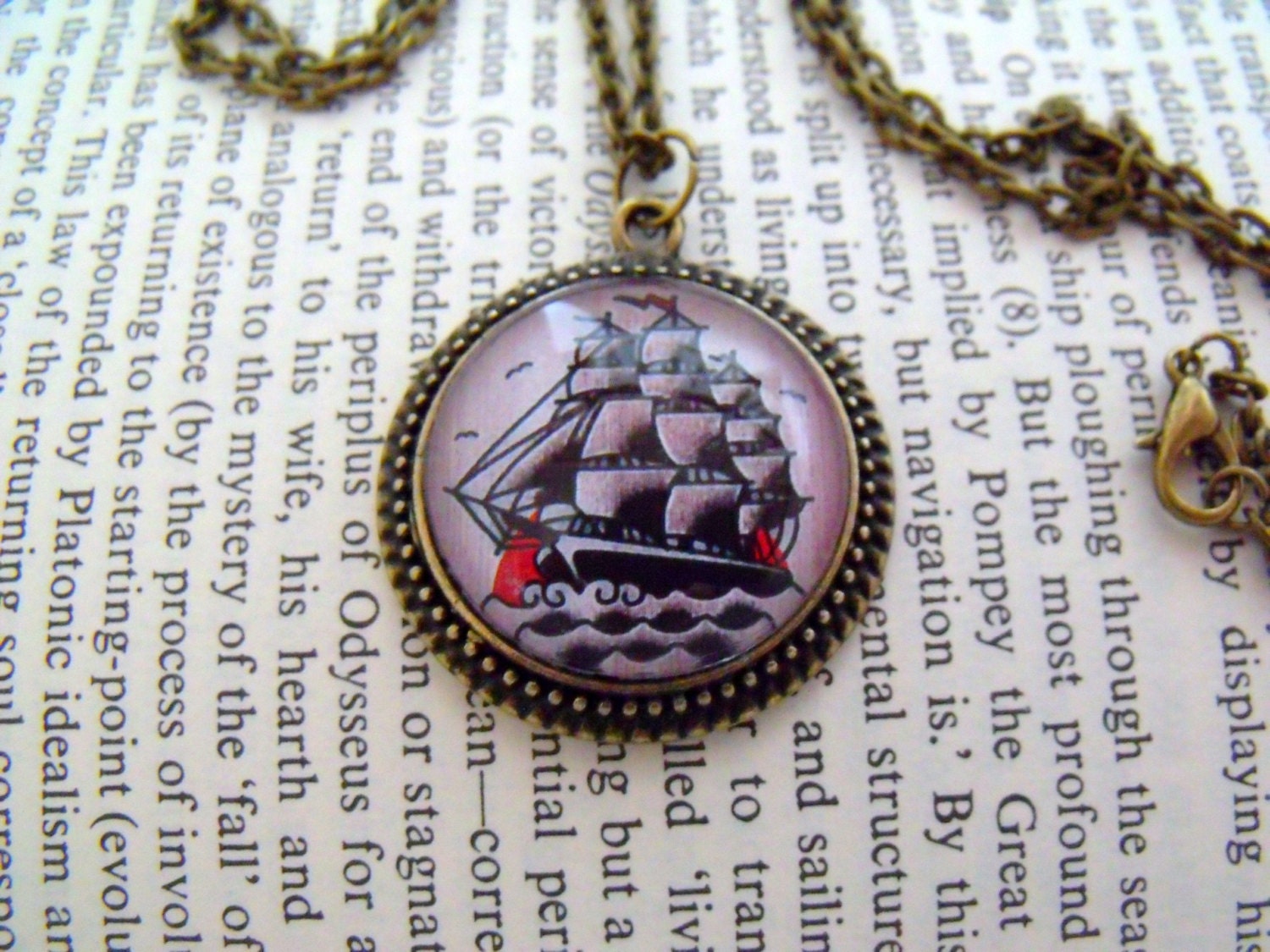 Clipper Ship Necklace, Beaded Brass Border