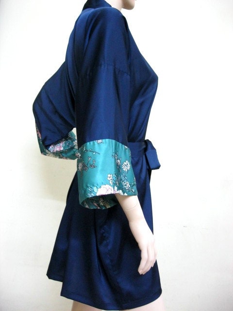 Silk Satin Kimono Robe in Navy - HANDMADE TO ORDER