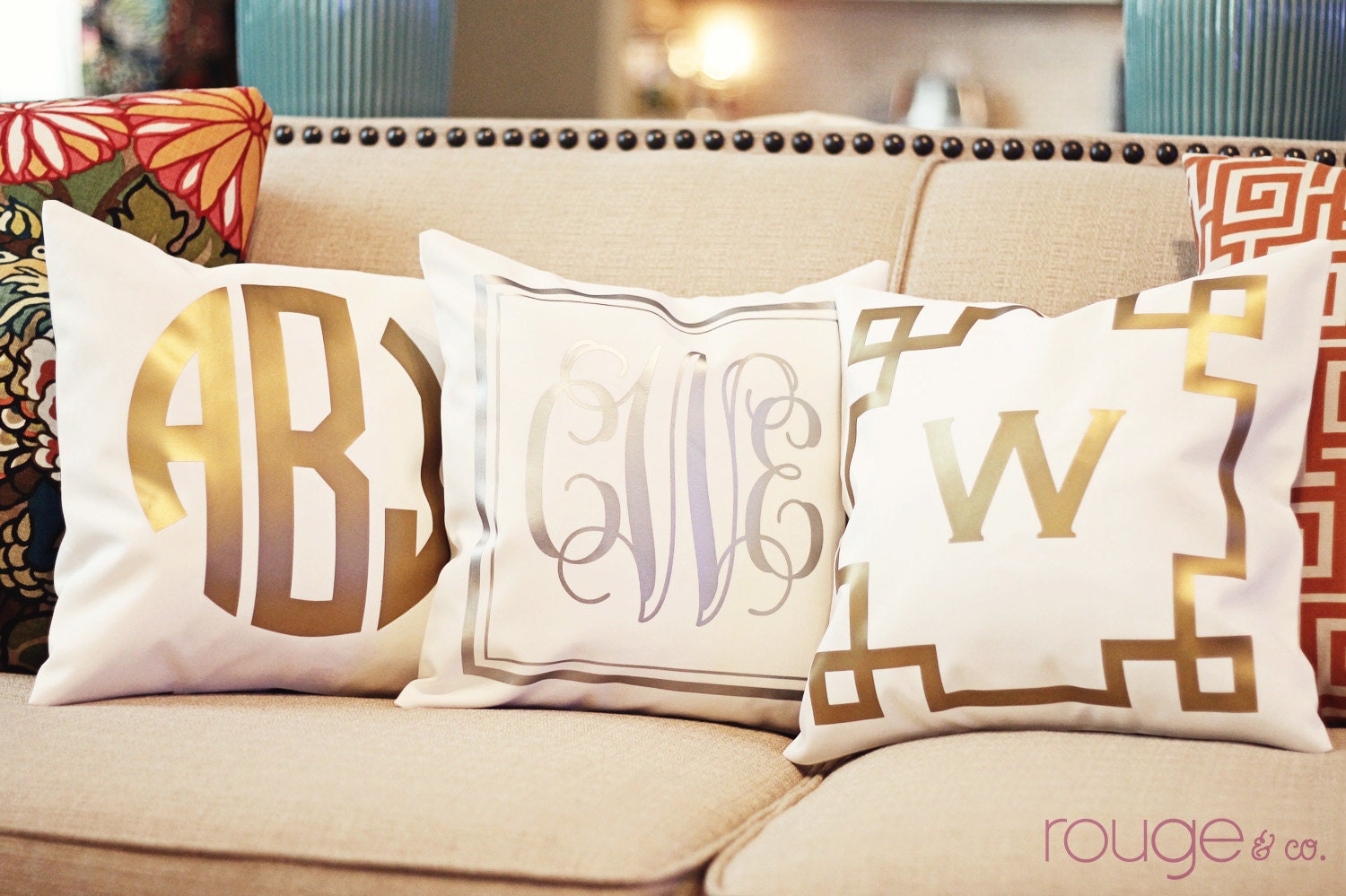 METALLIC monogrammed pillow cover  - 14x14 - gold or silver - select monogram and border