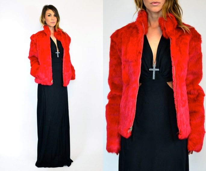 rare CRIMSON red avant garde genuine RABBIT fur boho rocker COAT, extra small-extra large