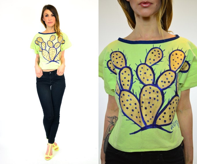 hand-painted CHARTREUSE southwestern CACTUS desert crop TOP t-shirt, extra small-medium