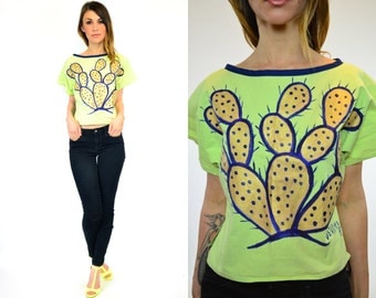hand-painted CHARTREUSE southwestern CACTUS desert crop TOP t-shirt, extra small-medium