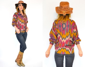 zig zag'd SOUTHWESTERN striped NAVAJO button-up long sleeve BLOUSE, extra small-medium