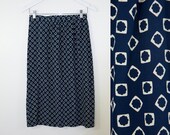 80s Vintage Silk Navy Geometric Print High Waist Midi Skirt (S)