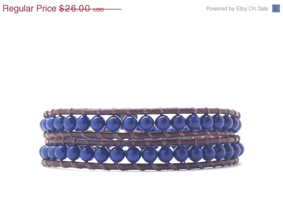 On Sale Brown Leather Wrap Bracelet, Blue Swarovski Pearls