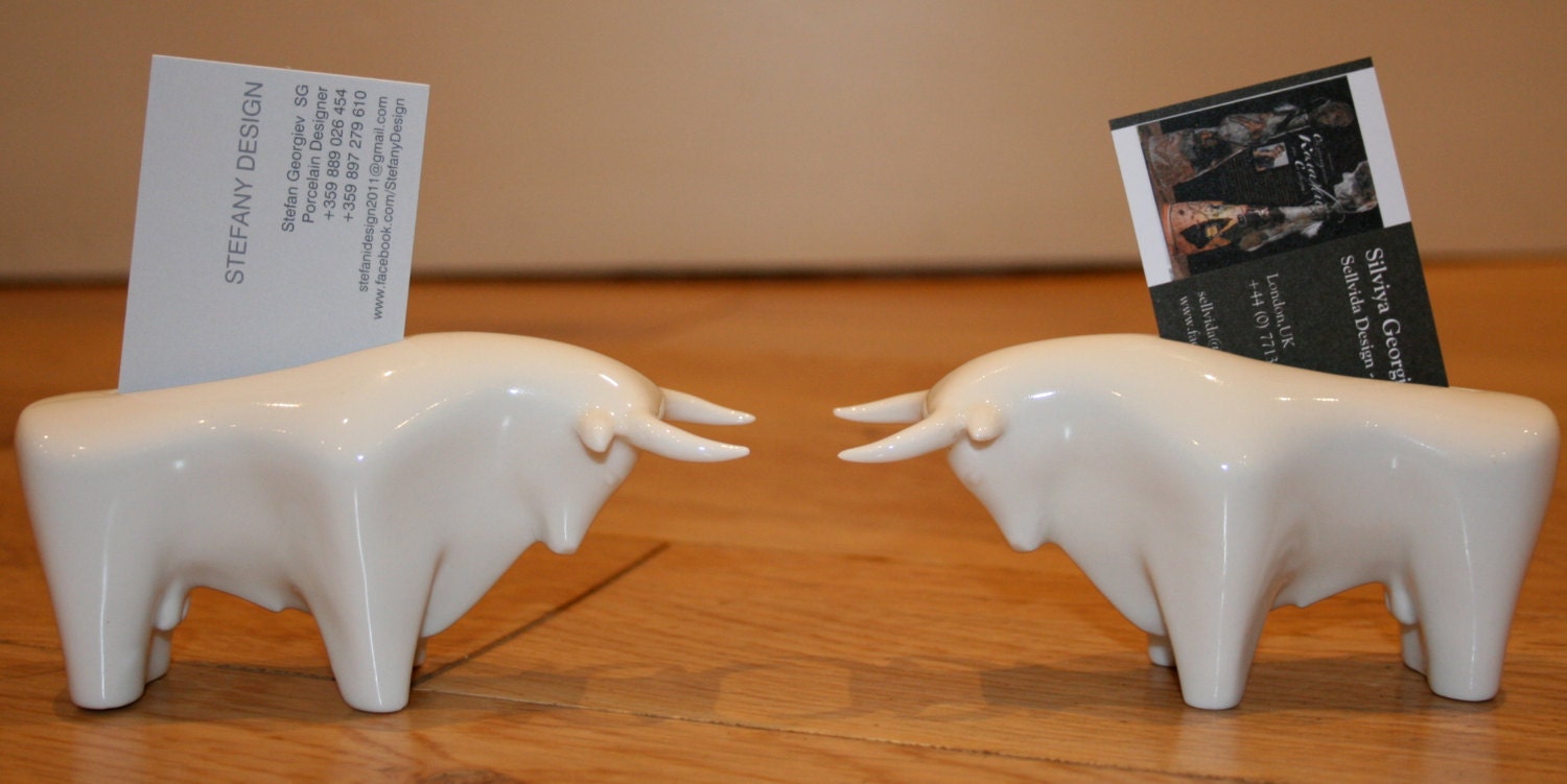 Handmade porcelain white BULL business card holder