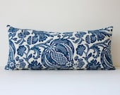 Batik Modern Bolster Designer Decorative Pillow Cover 10" x 22" Navy Blue Indigo Floral  P Kaufmann Ikat Cream White