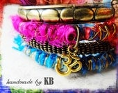Stack of Bangle Bracelets - OM Charm, Yoga Inspired, Sari Silk, Boho