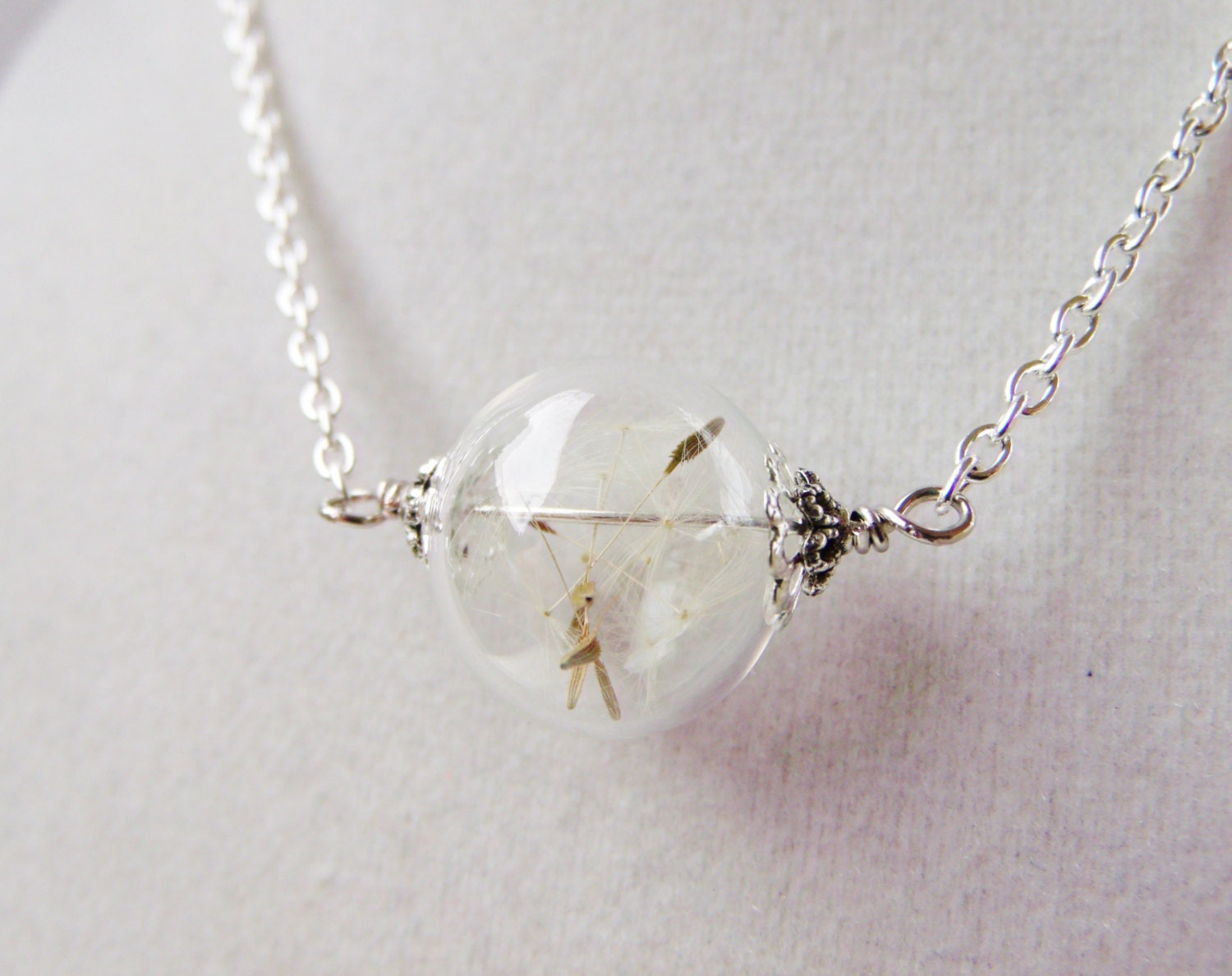 Real Dandelion Seed Glass Orb Necklace In Silver Small Orb