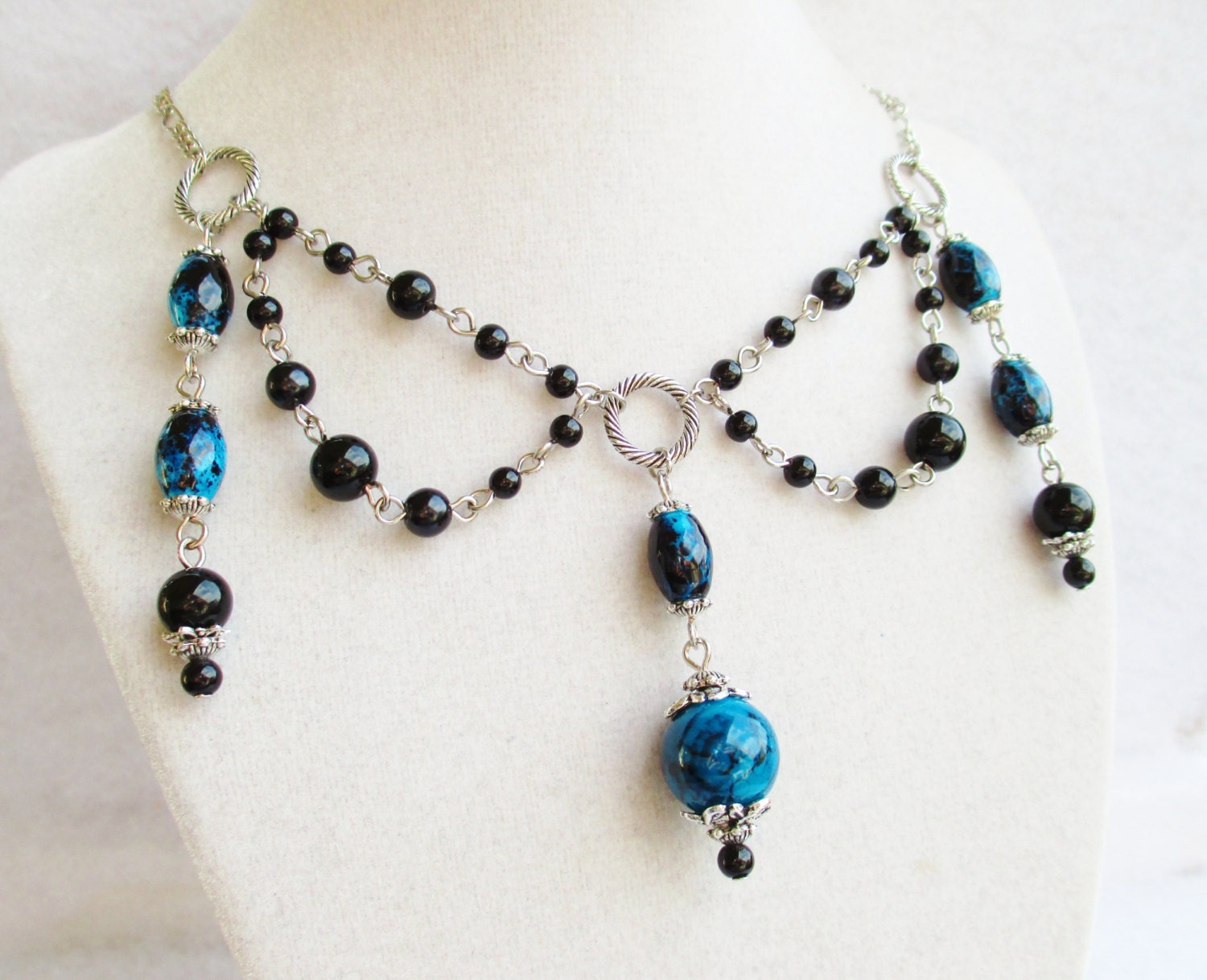 Dramatic Blue & Black Beaded Victorian Multi Strand Necklace