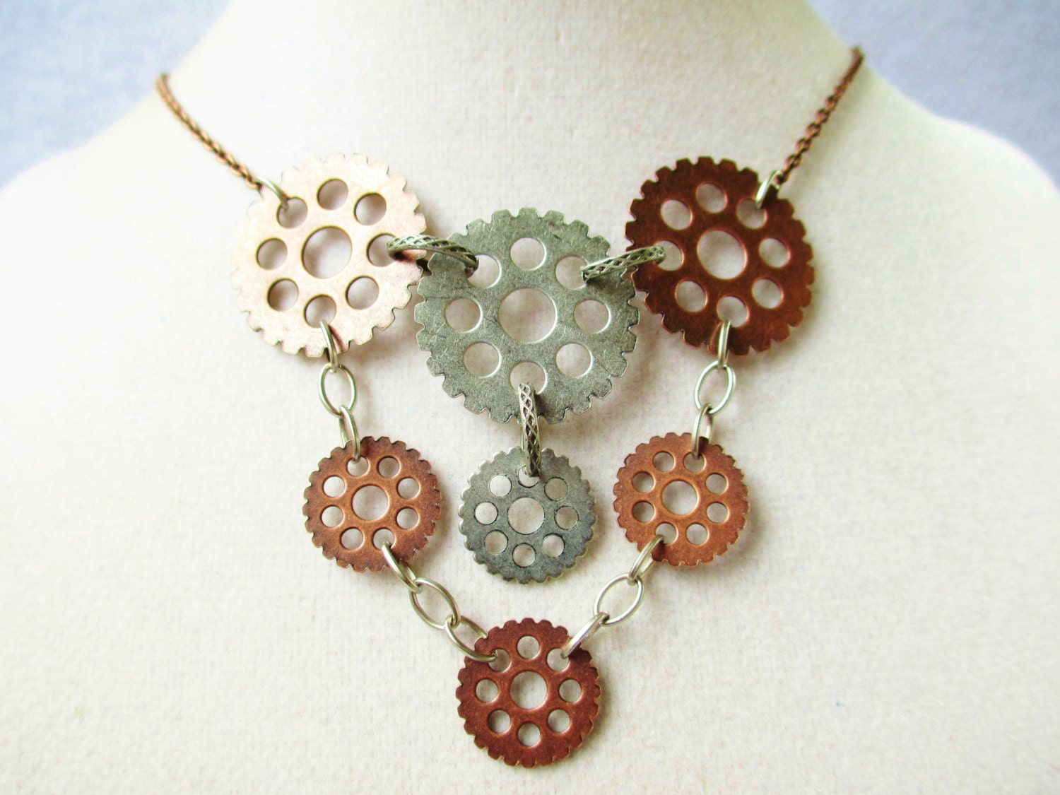 Steampunk Gear Necklace With Copper & Gunmetal Gear Pendants