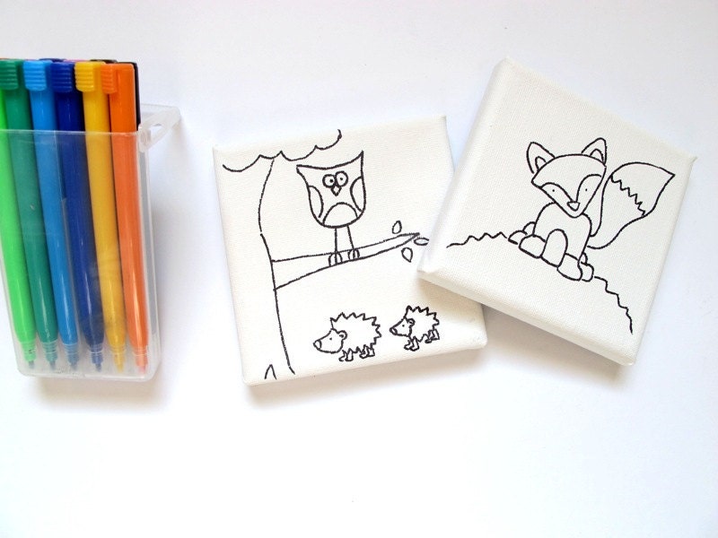 DIY kids mini canvas coloring kit- Fox and owl , forest friends children canvas kit project, kids DIY craft activity, children decor