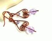 Purple dangle earrings with lilac crystal drop beads copper jewelry