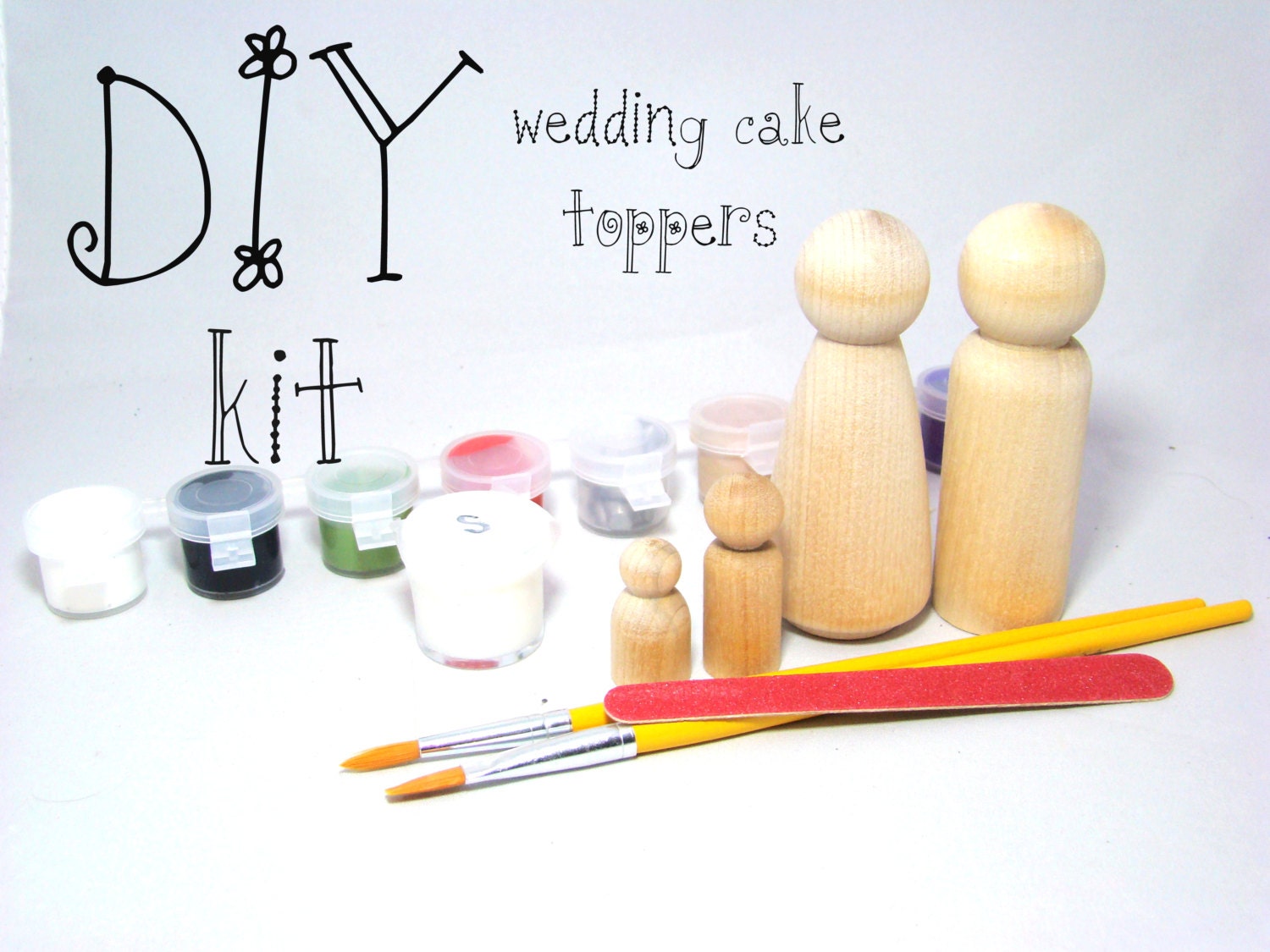 DIY Wedding Cake Peg Doll Kit with 2 unpainted Peg Dolls, 2 pet or child dolls, paint, brushes and sealer