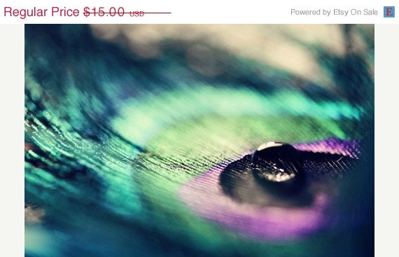 SALE 30% OFF Peacock feather and water drop: Iridescent 5x7 Fine Art Macro Photography Teal Green Purple Home Decor