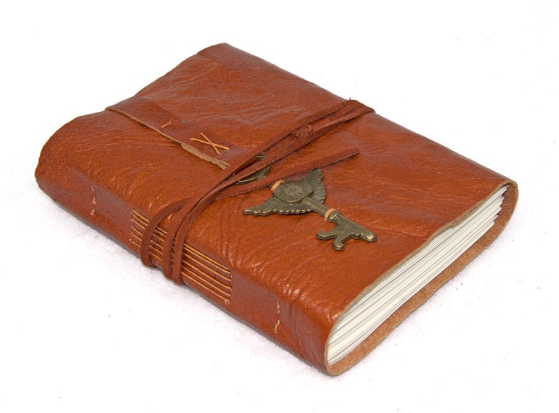 Light Brown Leather Journal with Winged Clock Key Charm Bookmark
