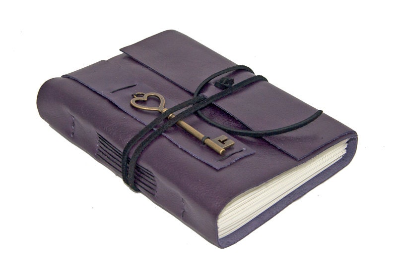 Purple Leather Journal with Heart Key Bookmark