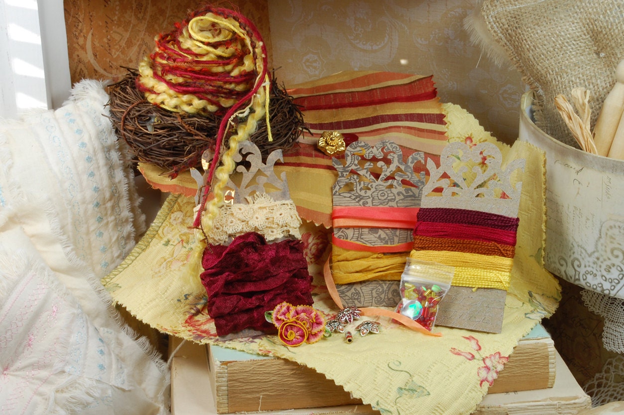 Tea Cake - Tidbits and Samplings. No.8. in Pale yellows, golds and reds. Inspiration kit. Embellishment kit. OOAK