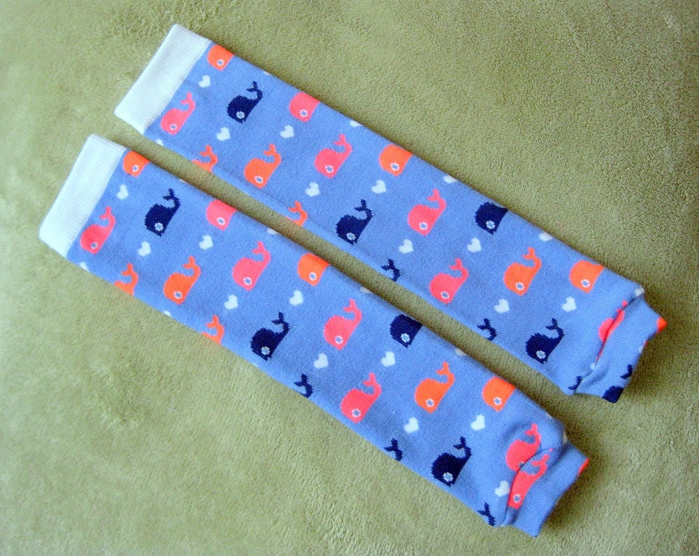 Baby Leg Warmers - Light Blue with Navy, Neon Pink, Neon Orange Whales and White Hearts, baby legs, baby girl, baby shower gift, arm warmers