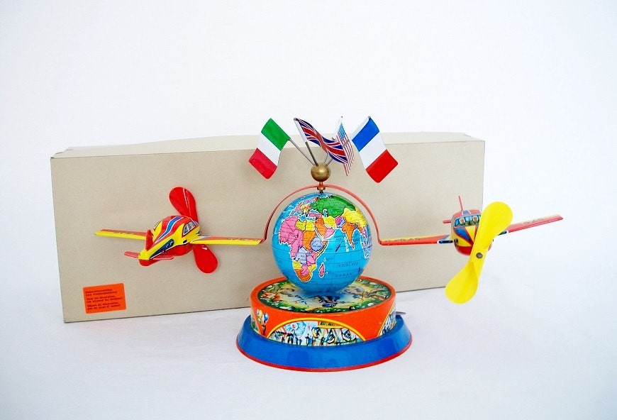 Vintage Tin Litho Globe Carousel Blomer & Schuler in Original Package 1950s - Very Scarce