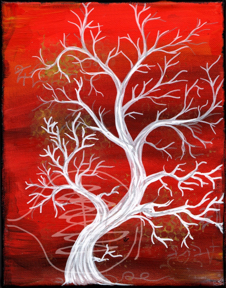 Tree painting - 8x10 - red - trees - branches - winter painting