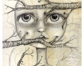 Tree Branches - Sketch - Girl  - 5x7 Print - Black And White - Forest