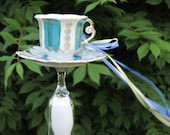 English Tea Cup Butterfly Bath or Bird Feeder porcelain ceramic glass OOAK Upcycled china