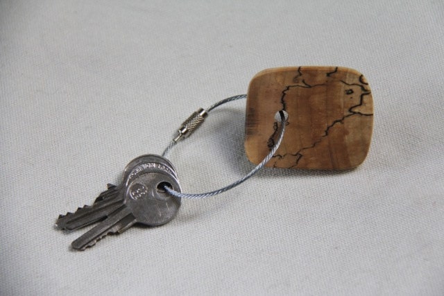 wood keychain - with screw on steel cable - made with spalted maple