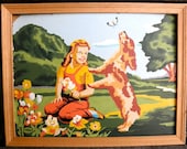 1960s Colorful Paint By Numbers Painting of a Young Girl - Flowers - Butterflies - Dog