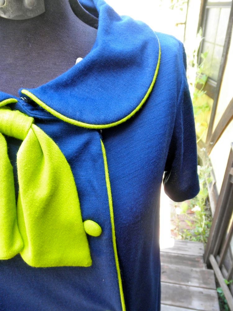 1960s MOD Stewardess Style Dress in Vivid Blue and Day Glow Green // Short Sleeved // Big Rounded Collar