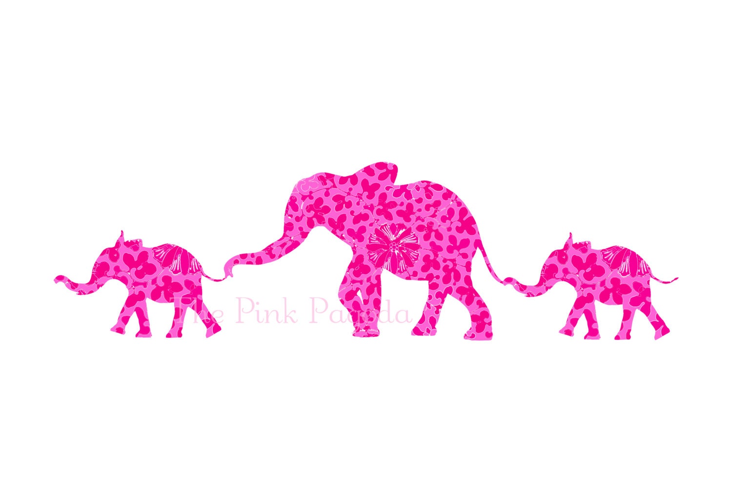 Pink Chinoiserie Floral Elephant Mom with Babies Giclee 13x19