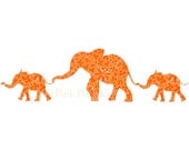Orange Chinoiserie Floral Elephant Mom with Babies Giclee 13x19