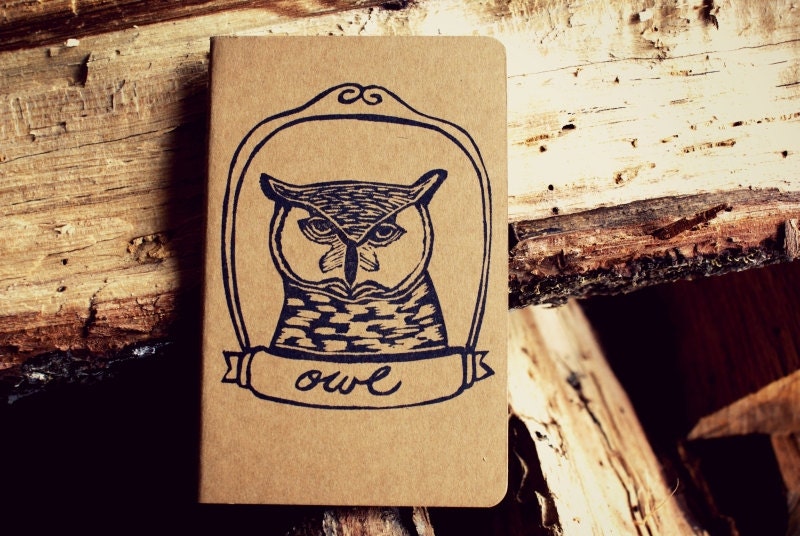 Great Horned Owl Bird Lined Notebook Moleskine Journal using Hand Carved Stamp