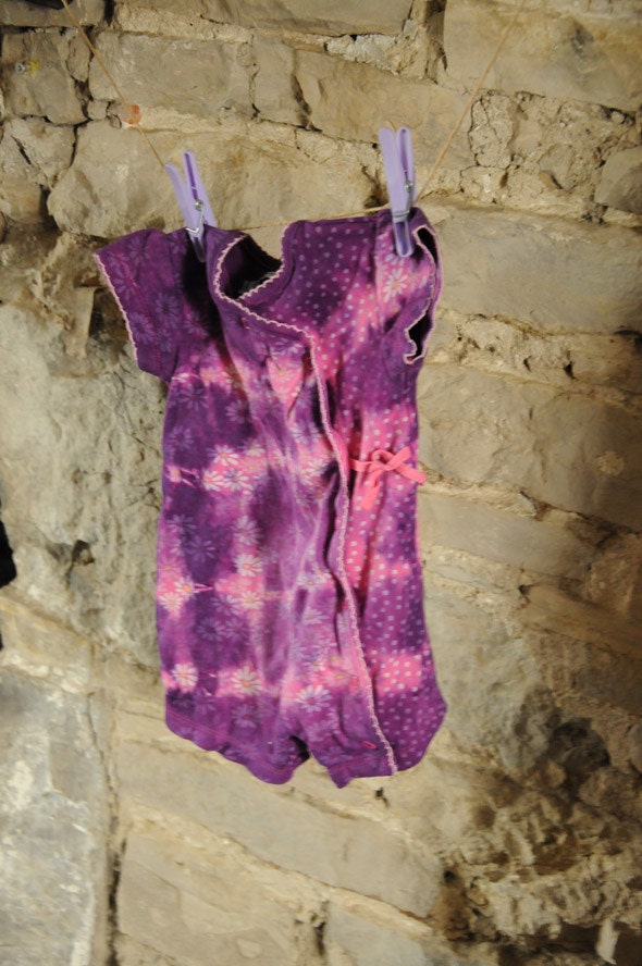 Pretty Pink & purple Baby Vest, Girls hand tie-dyed baby onesie, short sleeves and shorts for summer Age 6 - 9 months