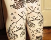 Pirate Printed Tattoo Tights Narwhal Octopus Nautical Medium Tall Black on Cream Women