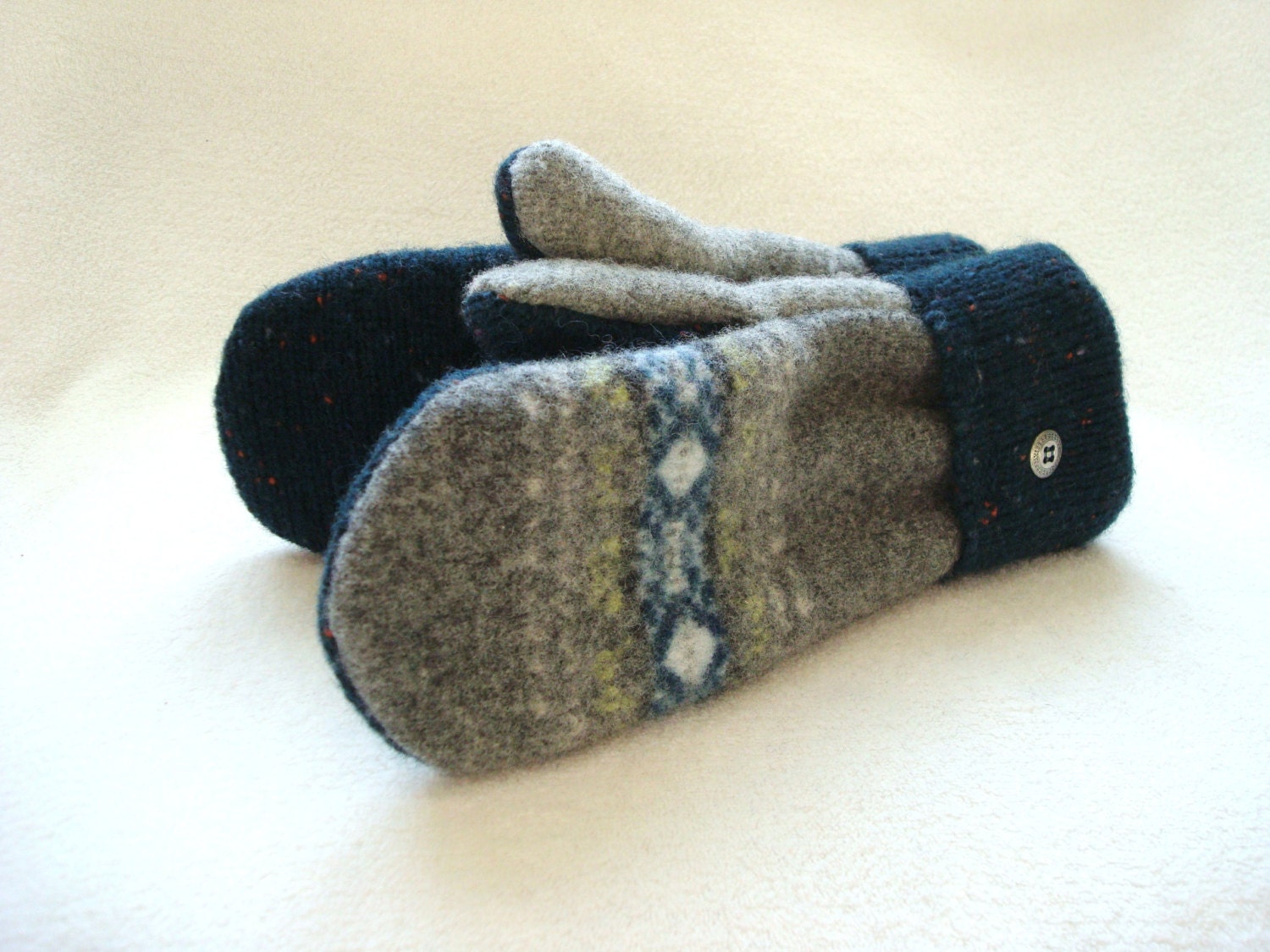 Felted Wool Mittens TEAL & GRAY Fair Isle Sweater Wool Mittens with Fleece Lining