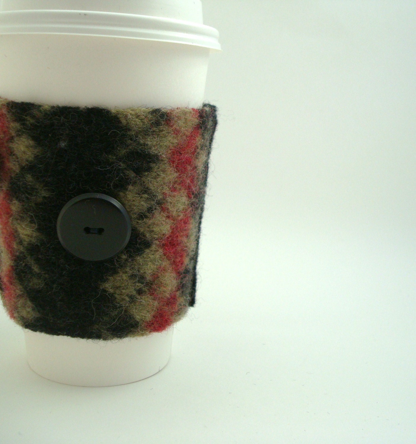 Coffee Cozy BLACK ARGYLE Coffee Cosy / Coffee Sleeve Felted Sweater Wool
