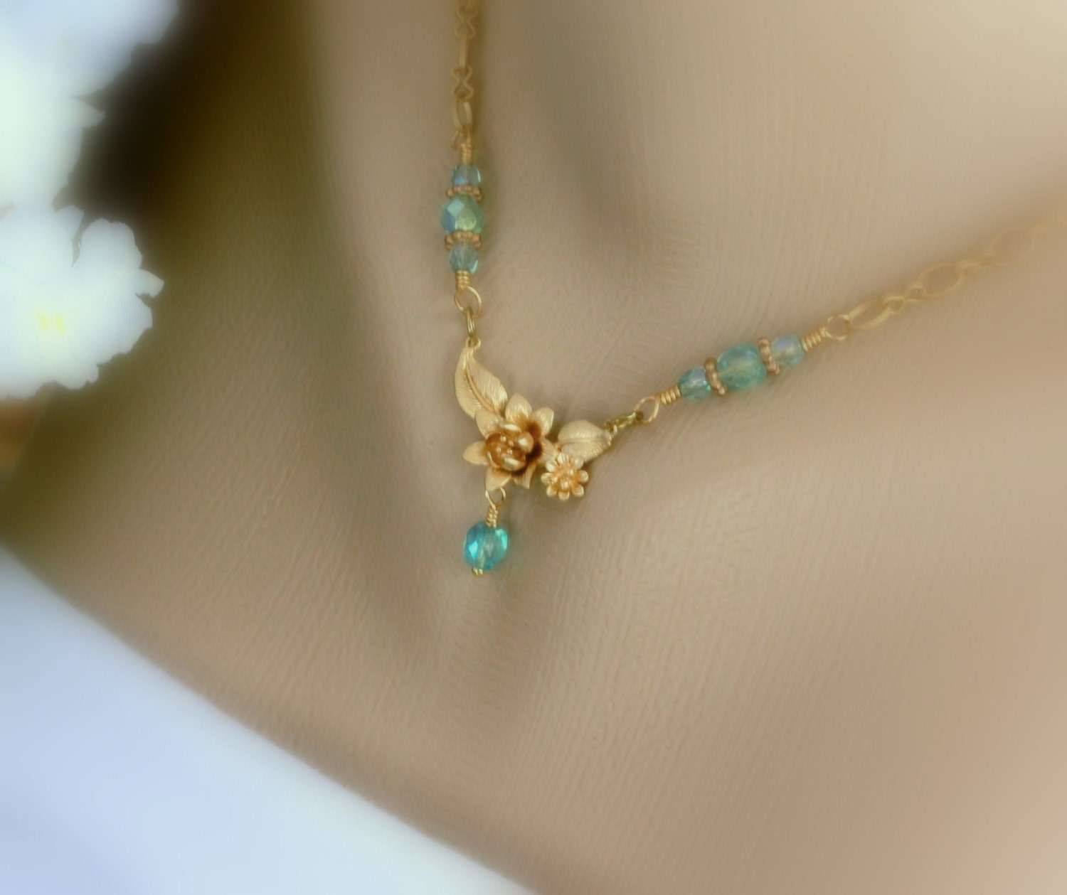 Mint Green Gold Flower Necklace, Pendant Necklace, Statement Necklace, Beadwork Necklace, Bridal Jewelry, Birthday, Mother's Day Jewelry