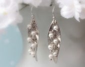 Silver Leaf Pearl Earrings, Drop Earrings, Dangle Earrings, Chandelier Earrings, Birthstone Earrings, Bridal Jewelry, Birthday, Anniversary