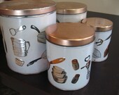 Atomic canisters. Midcentury retro set of 4 tin canisters, kitchen hand appliances, pots pans, good vintage condition.
