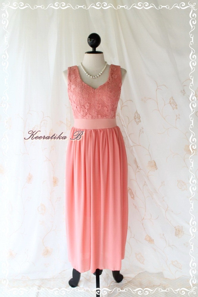 Lucky - Floor Length Cutie Bright Peachy Pink Dress  Lace Top Deep Back Silk Chiffon Skirt Party Cocktail Wedding Bridesmaid Prom Dress