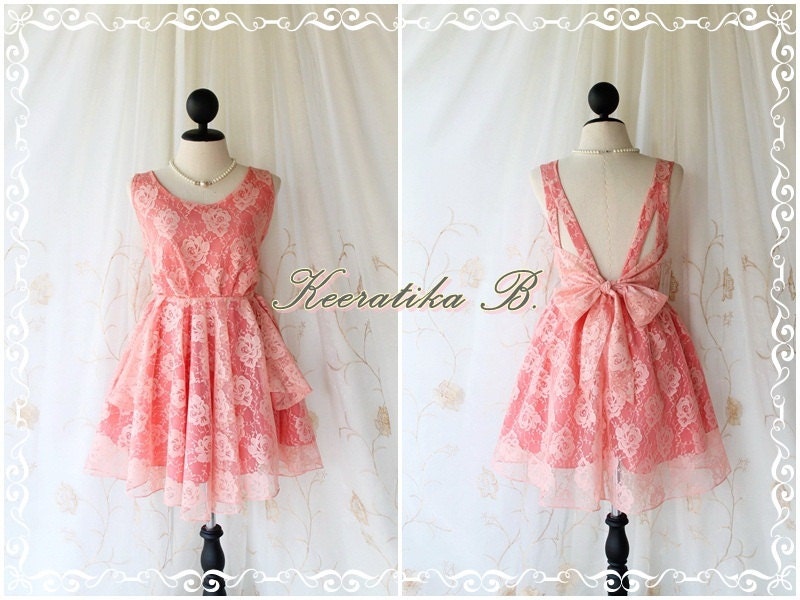 A Party V Shape -  Prom Party Cocktail Wedding Bridesmaid Dinner Night Backless Timeless Lace Dress Peachy Pink Color Lacy Dress